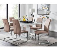 Giovani Grey White Modern Glass Dining Table With Six Lorenzo Chair Set - Cappuccino