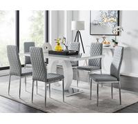 Giovani Grey White Modern Glass Dining Table With Six Milan Chairs Set - Grey