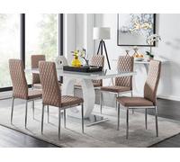 Giovani Grey White Modern Glass Dining Table With Six Milan Chairs Set - Cappuccino