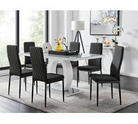 Furniturebox Giovani Rectangular 6 Seat White High Gloss Unique Halo Dining Table Grey Glass Top 6 Black Faux Leather Black Leg Milan Chairs