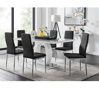 Giovani Grey White Modern Glass Dining Table With Six Milan Chairs Set - Black
