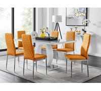 Giovani Grey White Modern Glass Dining Table With Six Milan Chairs Set - Mustard