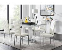 Giovani Grey White Modern Glass Dining Table With Six Milan Chairs Set - White