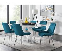 Giovani Grey Dining Table With Six Pesaro Silver Leg Chairs - Blue