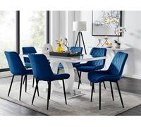 Giovani 6-Seater Grey Glass Dining Table and 6 Pesaro Soft Velvet Dining Chairs FurnitureboxUK Navy One Size