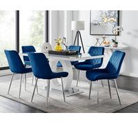 Giovani 6-Seater Grey Glass Dining Table and 6 Pesaro Soft Velvet Dining Chairs FurnitureboxUK Navy One Size