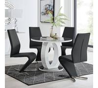 Furniturebox Giovani Round 4 Seat 100Cm White High Gloss Unique Halo Base Grey Glass Top Dining Table 4 Black Faux Leather Willow Chairs