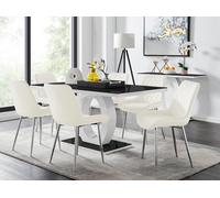 FurnitureboxUK Giovani Rectangular 6 Seat White High Gloss Unique Halo Base Dining Table Black Glass Top 6 Soft Velvet Silver Leg Pesaro Chairs FurnitureboxUK Cream