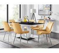 FurnitureboxUK Giovani Rectangular 6 Seat White High Gloss Unique Halo Base Dining Table Black Glass Top 6 Soft Velvet Silver Leg Pesaro Chairs FurnitureboxUK Mustard