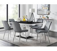 Giovani Black Dining Table With Six Pesaro Silver Leg Chairs - Grey