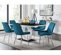 Giovani Black Dining Table With Six Pesaro Silver Leg Chairs - Blue