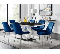 Furnitureboxuk Giovani Rectangular 6 Seat White High Gloss Unique Halo Base Dining Table Black Glass Top 6 Soft Velvet Silver Leg Pesaro Chairs In Navy Navy