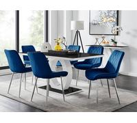 Giovani Black Dining Table With Six Pesaro Silver Leg Chairs - Navy