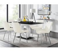Furnitureboxuk Giovani Rectangular 6 Seat White High Gloss Unique Halo Base Dining Table Black Glass Top 6 Soft Velvet Silver Leg Pesaro Chairs In Cream Cream