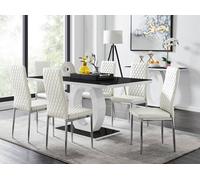 Giovani Rectangular 6 Seat White High Gloss Unique Halo Dining Table Black Glass Top 6 Faux Leather Silver Leg Milan Chairs FurnitureboxUK White One Size