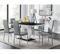 Giovani Rectangular 6 Seat White High Gloss Unique Halo Dining Table Black Glass Top 6 Faux Leather Silver Leg Milan Chairs FurnitureboxUK Grey One Size