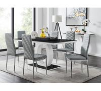FurnitureboxUK Giovani Rectangular 6 Seat White High Gloss Unique Halo Dining Table Black Glass Top 6 Faux Leather Silver Leg Milan Chairs in Grey FurnitureboxUK Grey
