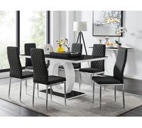 FurnitureboxUK Giovani Rectangular 6 Seat White High Gloss Unique Halo Dining Table Black Glass Top 6 Faux Leather Silver Leg Milan Chairs FurnitureboxUK Black