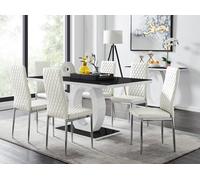 FurnitureboxUK Giovani Rectangular 6 Seat White High Gloss Unique Halo Dining Table Black Glass Top 6 Faux Leather Silver Leg Milan Chairs FurnitureboxUK White