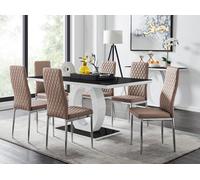FurnitureboxUK Giovani Rectangular 6 Seat White High Gloss Unique Halo Dining Table Black Glass Top 6 Faux Leather Silver Leg Milan Chairs in Beige FurnitureboxUK Beige
