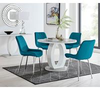 FurnitureboxUK Giovani Round 4 Seat 100cm White High Gloss Halo Base Grey Glass Top Dining Table 4 Soft Velvet Silver Leg Pesaro Chairs in Blue FurnitureboxUK Blue