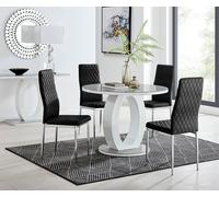 FurnitureboxUK Giovani Round 4 Seat 100cm White High Gloss Halo Base Grey Glass Top Dining Table 4 Soft Velvet Silver Leg Milan Chairs in Black FurnitureboxUK Black