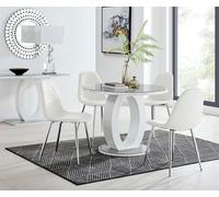 FurnitureboxUK Giovani Round 4 Seat 100cm White High Gloss Halo Base Grey Glass Top Dining Table 4 Soft Faux Leather Silver Leg Corona Chairs FurnitureboxUK White