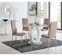 Giovani Round 4 Seat 100cm White High Gloss Halo Base Grey Glass Top Dining Table 4 Soft Faux Leather Silver Leg Milan Chairs FurnitureboxUK Beige One Size