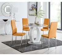 Giovani Round 4 Seat 100cm White High Gloss Halo Base Grey Glass Top Dining Table 4 Soft Faux Leather Silver Leg Milan Chairs FurnitureboxUK Mustard One Size