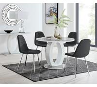 Giovani Round 4 Seat 100cm White High Gloss Halo Base Grey Glass Top Dining Table 4 Soft Faux Leather Silver Leg Corona Chairs FurnitureboxUK Black One Size