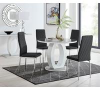 Giovani Round 4 Seat 100cm White High Gloss Halo Base Grey Glass Top Dining Table 4 Soft Faux Leather Silver Leg Milan Chairs FurnitureboxUK Black One Size