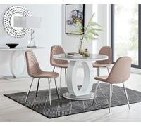 FurnitureboxUK Giovani Round 4 Seat 100cm White High Gloss Halo Base Grey Glass Top Dining Table 4 Soft Faux Leather Silver Leg Corona Chairs in Beige FurnitureboxUK Beige