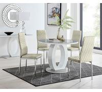 FurnitureboxUK Giovani Round 4 Seat 100cm White High Gloss Halo Base Grey Glass Top Dining Table 4 Soft Velvet Silver Leg Milan Chairs in Cream FurnitureboxUK Cream