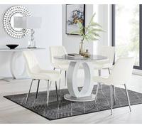 Giovani Round 4 Seat 100cm White High Gloss Halo Base Grey Glass Top Dining Table 4 Soft Velvet Silver Leg Pesaro Chairs FurnitureboxUK Cream One Size