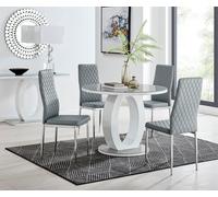Giovani Round 4 Seat 100cm White High Gloss Halo Base Grey Glass Top Dining Table 4 Soft Faux Leather Silver Leg Milan Chairs FurnitureboxUK Grey One Size