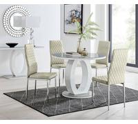Furnitureboxuk Giovani Round 4 Seat 100Cm White High Gloss Halo Base Grey Glass Top Dining Table 4 Soft Velvet Silver Leg Milan Chairs In Cream Cream One Size