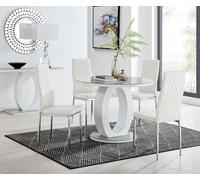 Giovani Round 4 Seat 100cm White High Gloss Halo Base Grey Glass Top Dining Table 4 Soft Faux Leather Silver Leg Milan Chairs FurnitureboxUK White One Size