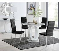 Furnitureboxuk Giovani Round 4 Seat 100Cm White High Gloss Halo Base Grey Glass Top Dining Table 4 Soft Velvet Silver Leg Milan Chairs In Black Black One Size