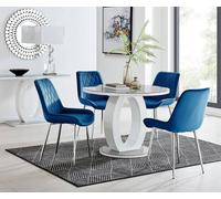 Giovani Round 4 Seat 100cm White High Gloss Halo Base Grey Glass Top Dining Table 4 Soft Velvet Silver Leg Pesaro Chairs FurnitureboxUK Navy One Size