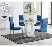 Furnitureboxuk Giovani Round 4 Seat 100Cm White High Gloss Halo Base Grey Glass Top Dining Table 4 Soft Velvet Silver Leg Milan Chairs In Navy Navy One Size