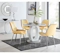 Giovani Round 4 Seat 100cm White High Gloss Halo Base Grey Glass Top Dining Table 4 Soft Velvet Silver Leg Pesaro Chairs FurnitureboxUK Mustard One Size