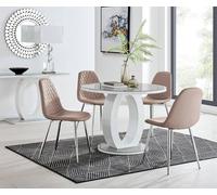 Giovani Round 4 Seat 100cm White High Gloss Halo Base Grey Glass Top Dining Table 4 Soft Faux Leather Silver Leg Corona Chairs FurnitureboxUK Beige One Size