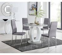 Furnitureboxuk Giovani Round 4 Seat 100Cm White High Gloss Halo Base Grey Glass Top Dining Table 4 Soft Velvet Silver Leg Milan Chairs Grey One Size