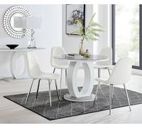 Giovani Round 4 Seat 100cm White High Gloss Halo Base Grey Glass Top Dining Table 4 Soft Faux Leather Silver Leg Corona Chairs FurnitureboxUK White One Size