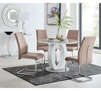 Giovani Round 4 Seat 100cm White High Gloss Unique Halo Base Grey Glass Top Dining Table 4 Soft Faux Leather Lorenzo Chairs FurnitureboxUK Beige One Size