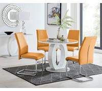 Giovani Round 4 Seat 100cm White High Gloss Unique Halo Base Grey Glass Top Dining Table 4 Soft Faux Leather Lorenzo Chairs FurnitureboxUK Grey One Size