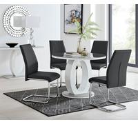 FurnitureboxUK Giovani Round 4 Seat 100cm White High Gloss Unique Halo Base Grey Glass Top Dining Table 4 Soft Faux Leather Lorenzo Chairs in Black FurnitureboxUK Black