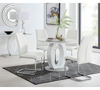 Giovani Round 4 Seat 100cm White High Gloss Unique Halo Base Grey Glass Top Dining Table 4 Soft Faux Leather Lorenzo Chairs FurnitureboxUK White One Size