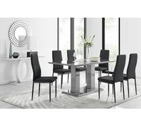 Furniturebox Imperia Grey High Gloss 6 Seater Dining Table With Structural 2 Plinth Column Legs 6 Black Faux Leather Black Leg Milan Chairs