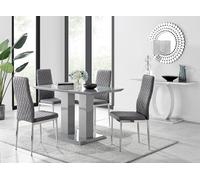FurnitureboxUK Imperia Grey High Gloss 4 Seater Dining Table with Structural 2 Plinth Column Legs 4 Soft Velvet Silver Leg Milan Chairs FurnitureboxUK Grey